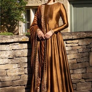 Elegant Copper Long Sleeve Anarkali Dress